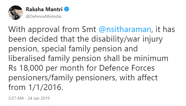 Minimum Disability Pension and war Injury Pension Rs.18000