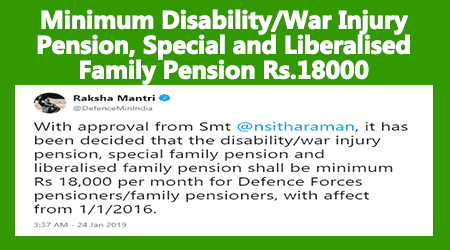Minimum Disability War Injury Pension, Special and Liberalised Family Pension Rs.18000
