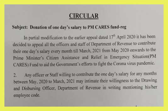 Every month One Day salary to PM CARES Fund from May 2020 to March 2021