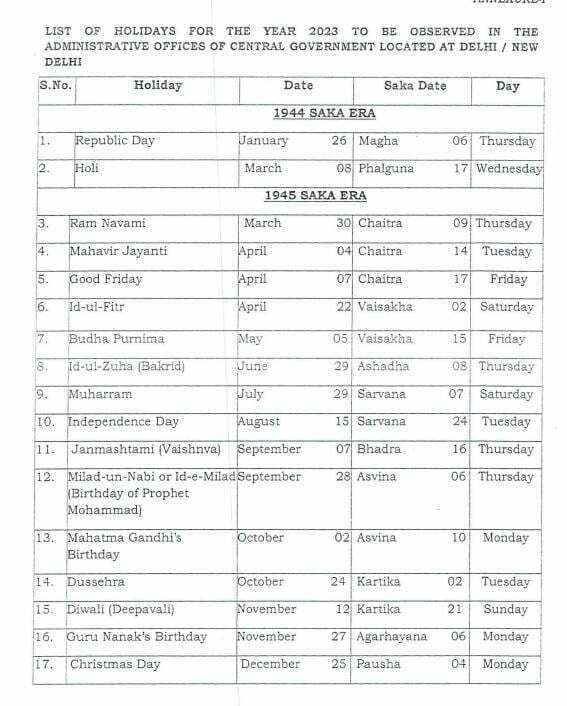 Holidays To Be Observed In Central Government Offices During The Year 2023