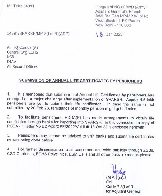 Submission of Annual Life Certificates by pensioners