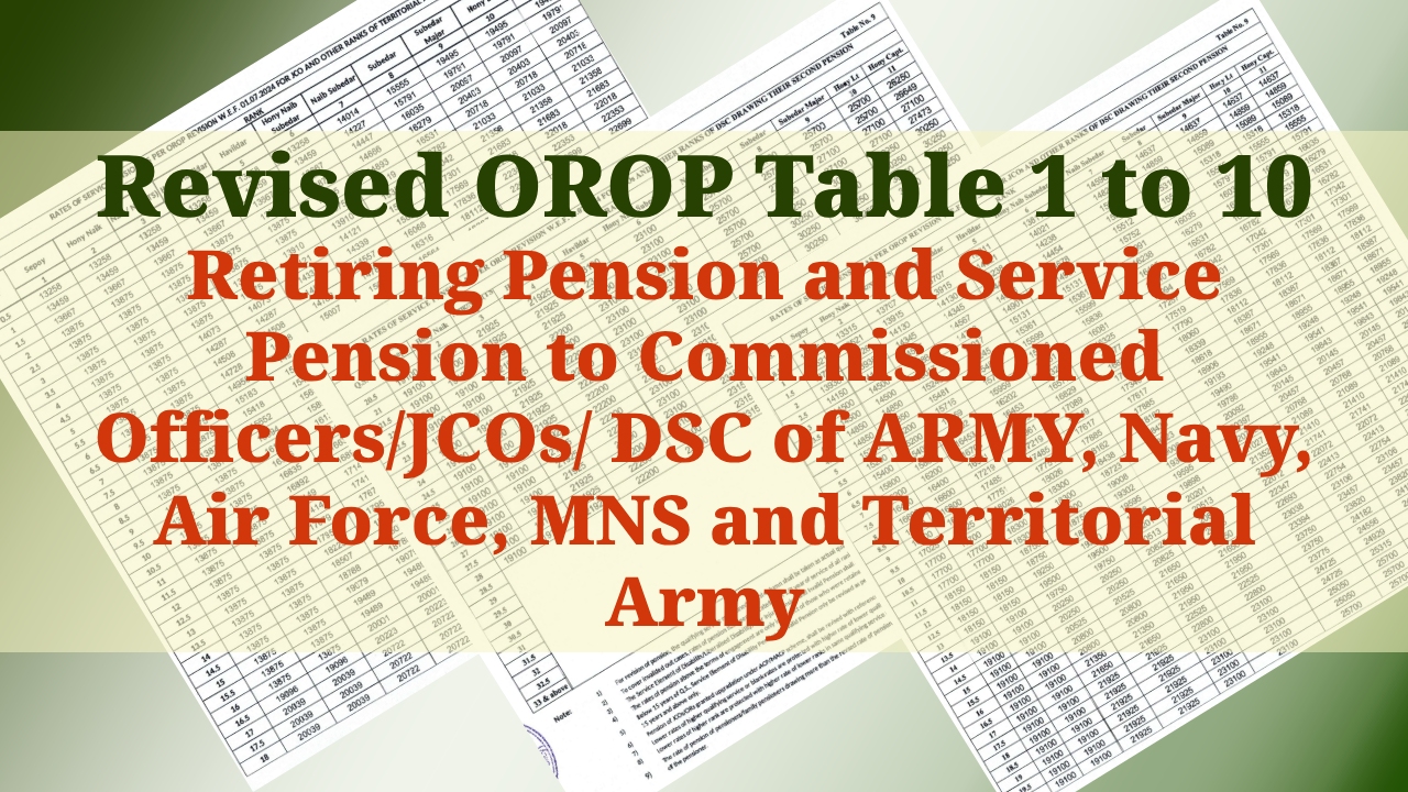 Revised OROP Table 1 to 10 : Retiring Pension and Service Pension to Commissioned Officers/JCOs/ DSC and Others -Breaking Down the New One Rank One Pension