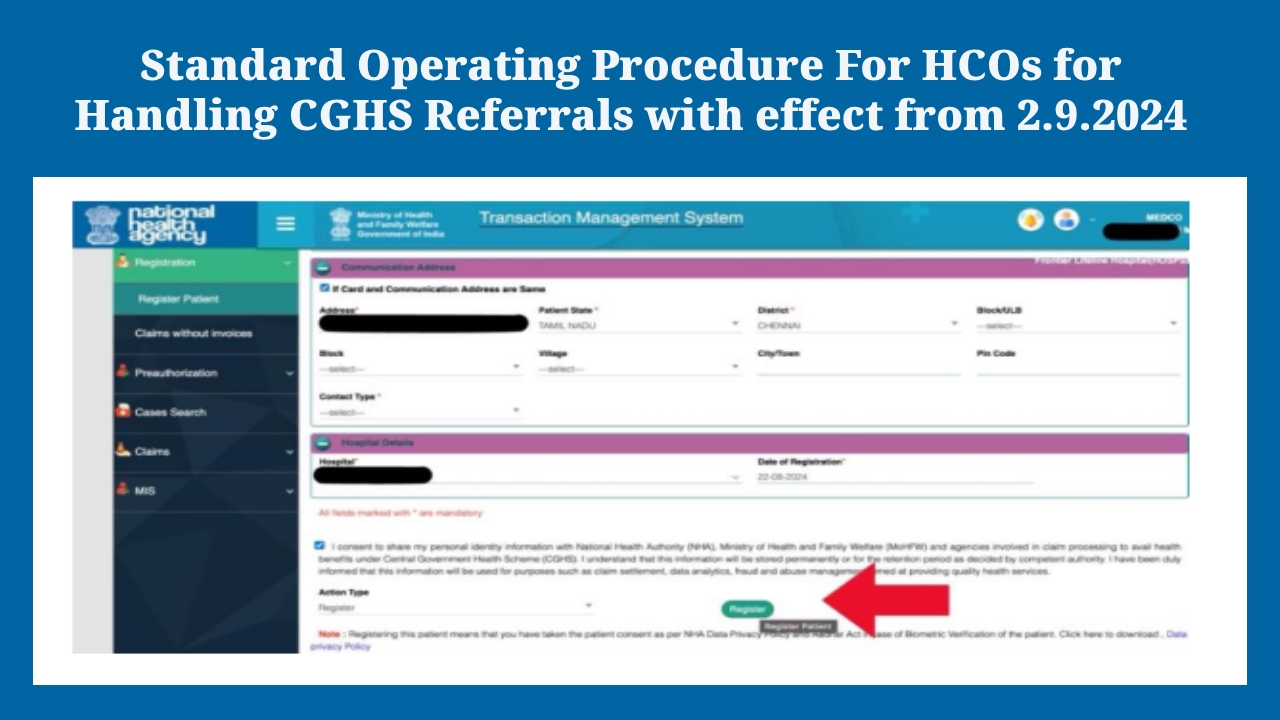 Standard Operating Procedure For HCOs for Handling CGHS Referrals with effect from 2.9.2024